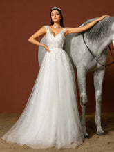 Sleeveless Elegant Wedding Dress With Applique And Mesh Paneling In Solid Color